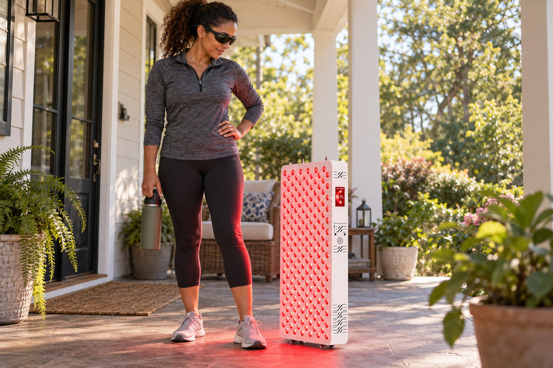 Woman in goggles and workout clothes standing on a sunny porch beside the Kivorla red light therapy panel