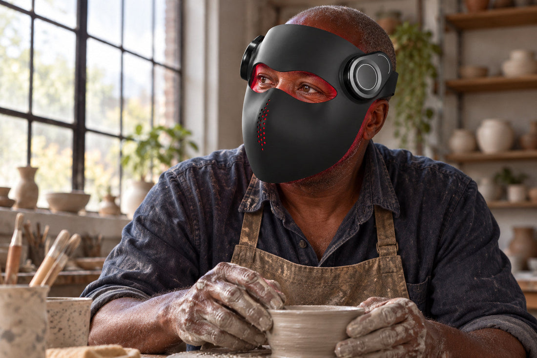 Potter at his wheel wearing the black Kivorla red light therapy mask