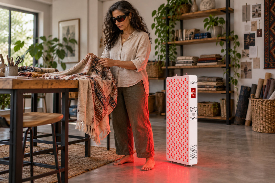 Woman in goggles handling fabric in a textile studio beside the Kivorla red light therapy panel