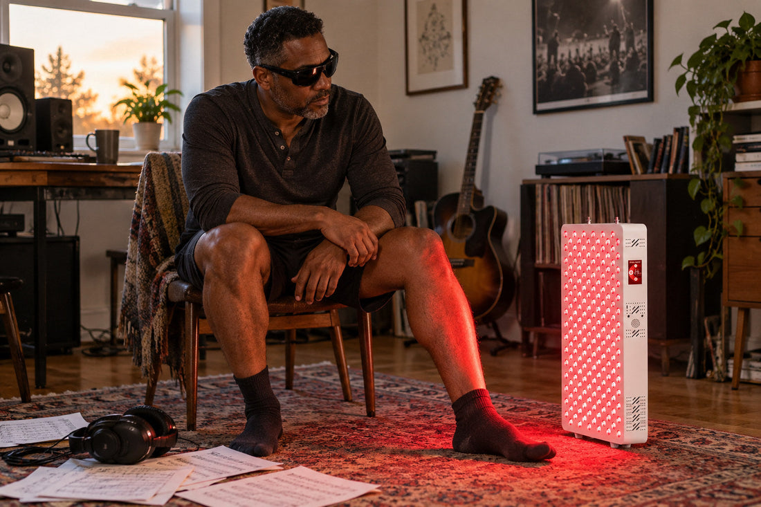 Man in goggles sitting in a music room beside the Kivorla red light therapy panel
