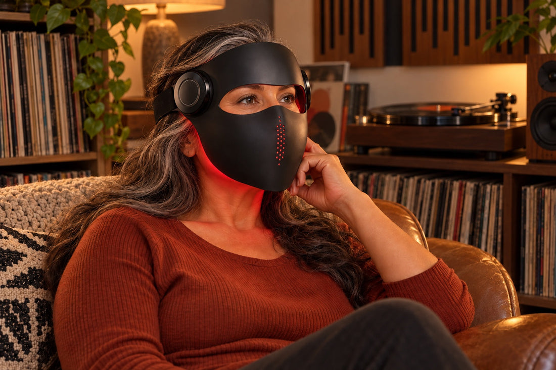 Woman relaxing in an armchair in a music room while wearing the black Kivorla red light therapy mask