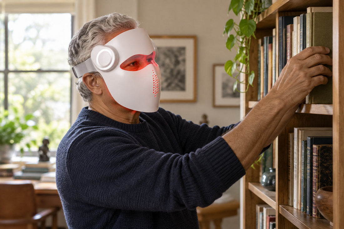 Older man taking a book from a shelf while wearing the white Kivorla red light therapy mask