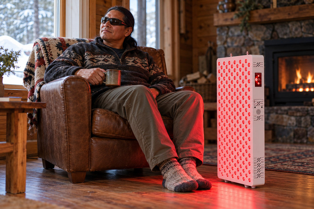 Man in goggles sitting by a cabin fireplace with his legs and feet in front of the Kivorla red light therapy panel