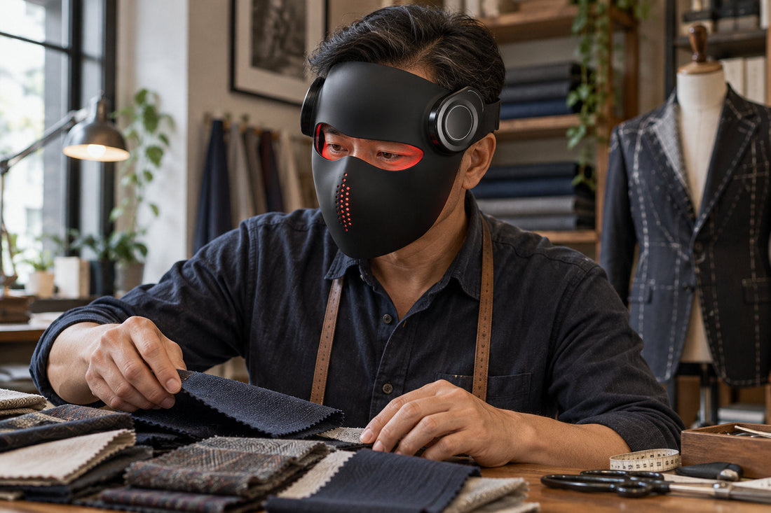 Man sorting fabric in a tailoring studio while wearing the black Kivorla red light therapy mask