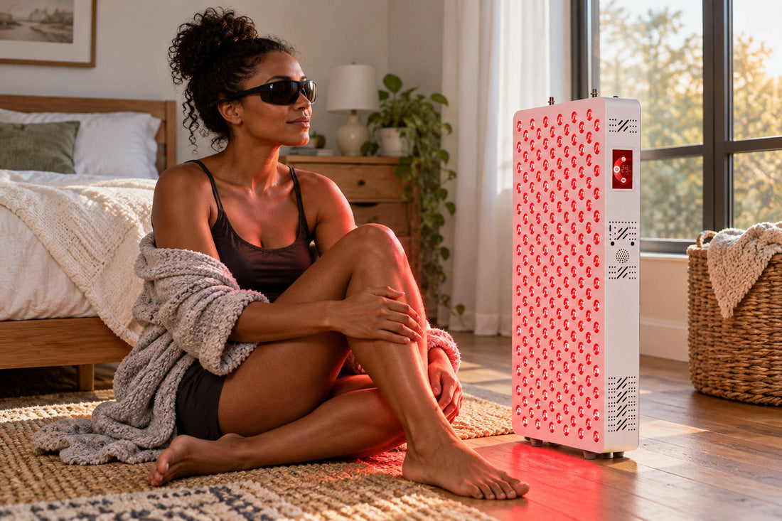 Barefoot woman in goggles sitting on a bedroom rug beside the Kivorla red light therapy panel
