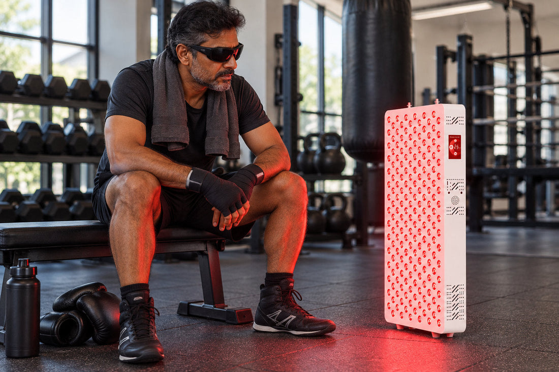 Man in goggles wrapping his hands on a bench in a boxing gym beside the Kivorla red light therapy panel