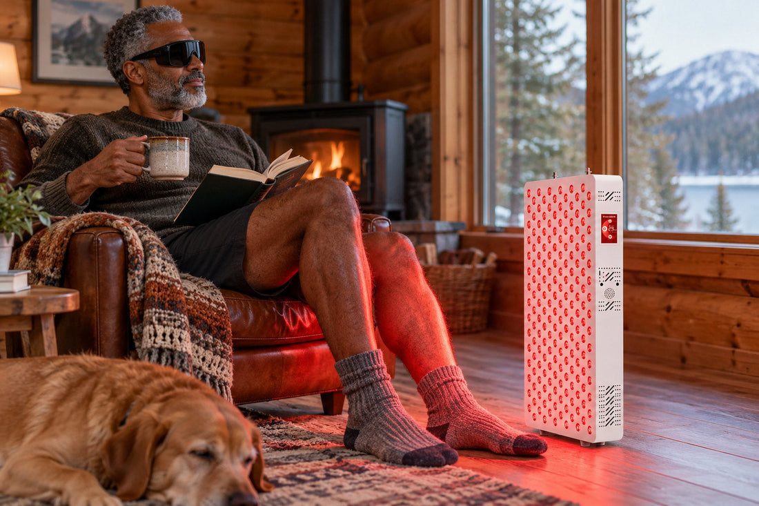 Older man in goggles reading by a wood stove with his dog beside the Kivorla red light therapy panel