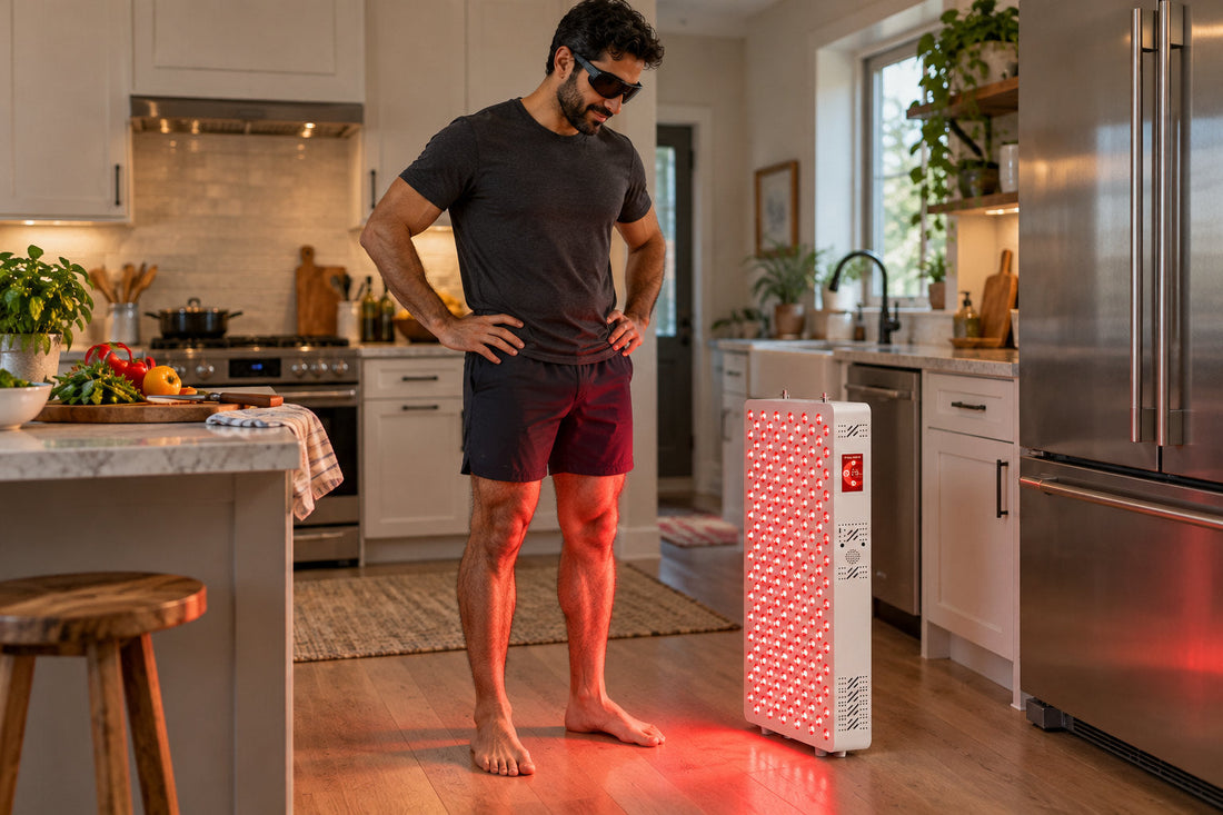 Man in goggles standing in his kitchen beside the Kivorla red light therapy panel
