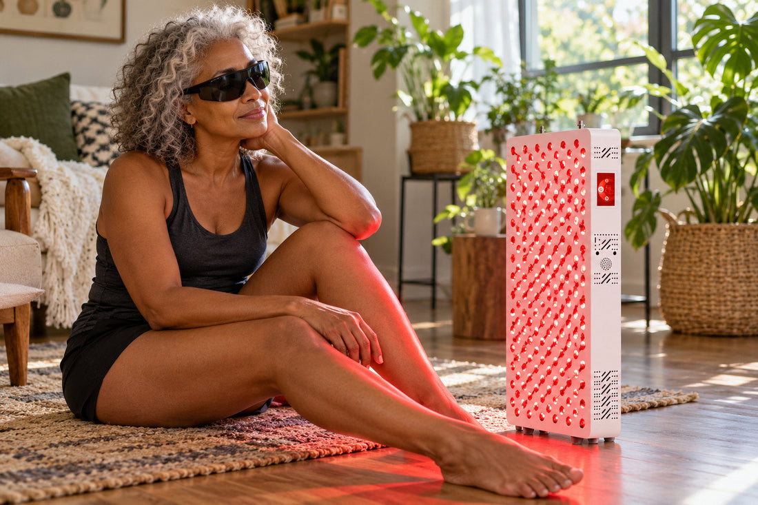 Older woman in goggles seated on a sunroom floor beside the Kivorla red light therapy panel