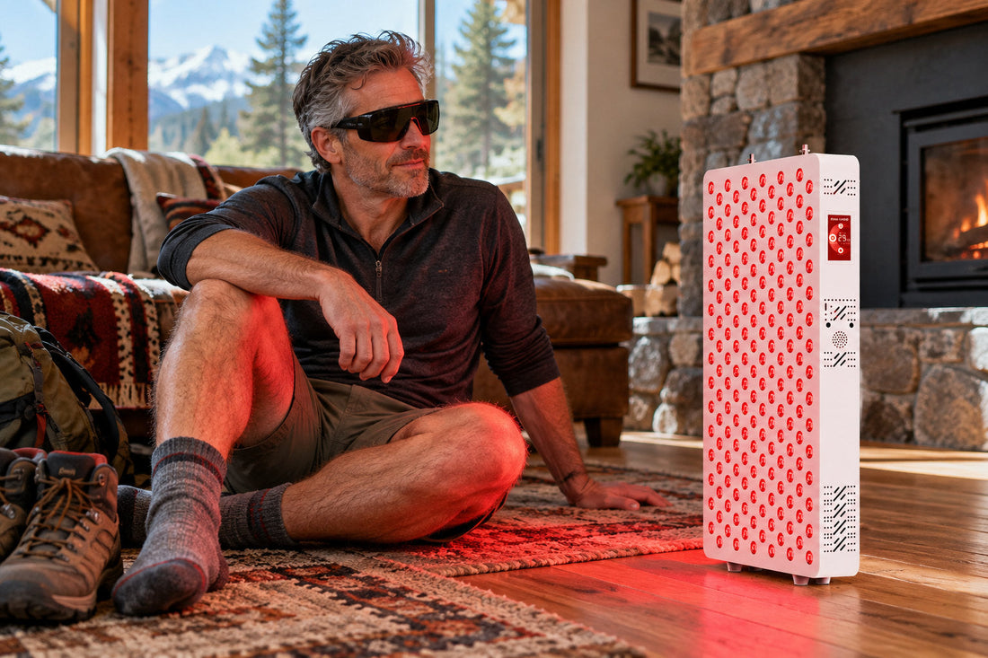 Man in goggles sitting on the rug of a mountain lodge beside the Kivorla red light therapy panel