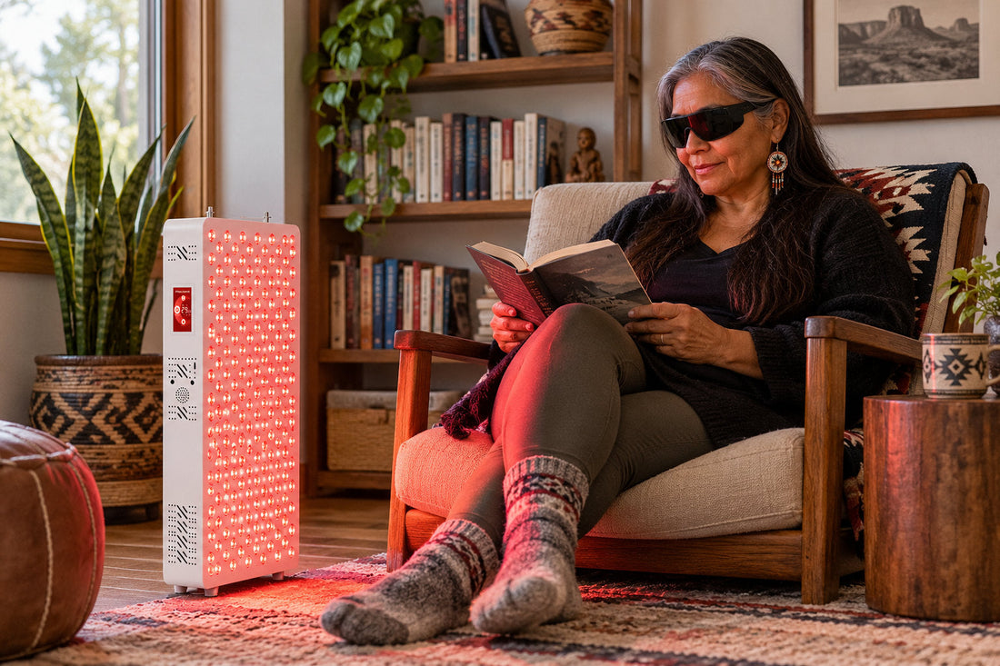 Older woman in goggles reading in an armchair beside the Kivorla red light therapy panel