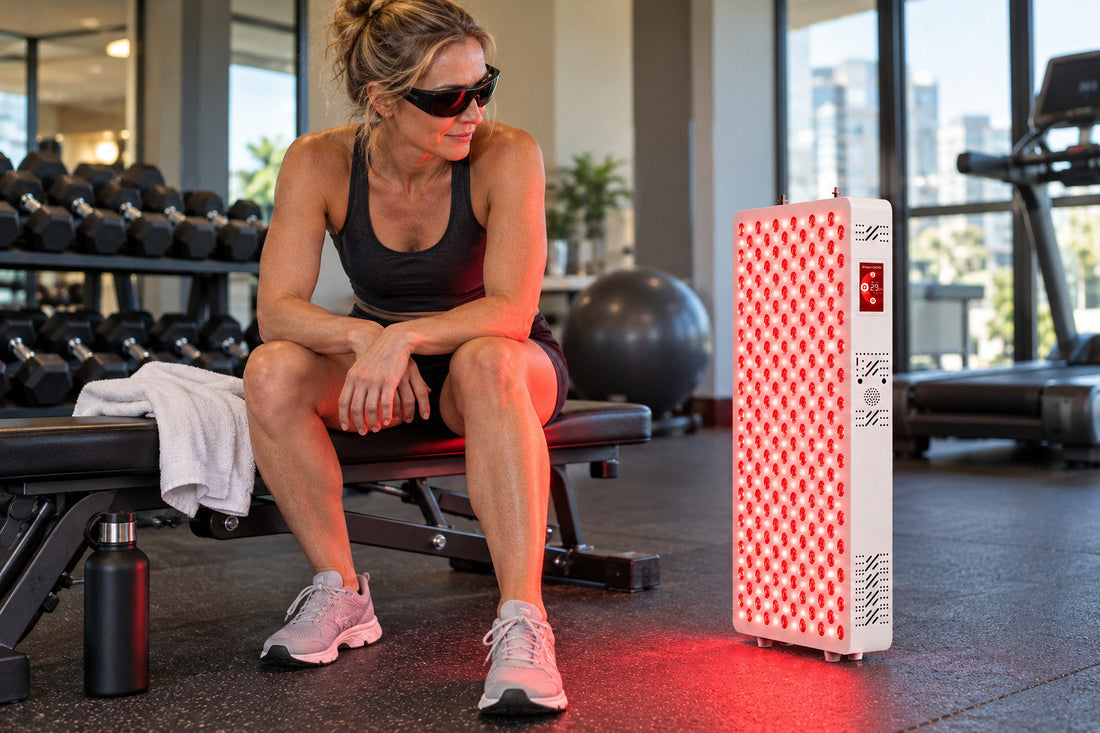 Woman in goggles resting on a gym bench beside the Kivorla red light therapy panel