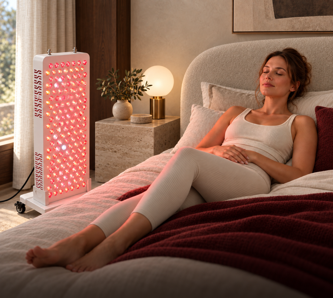 Woman resting on her bed beside the Kivorla red light panel