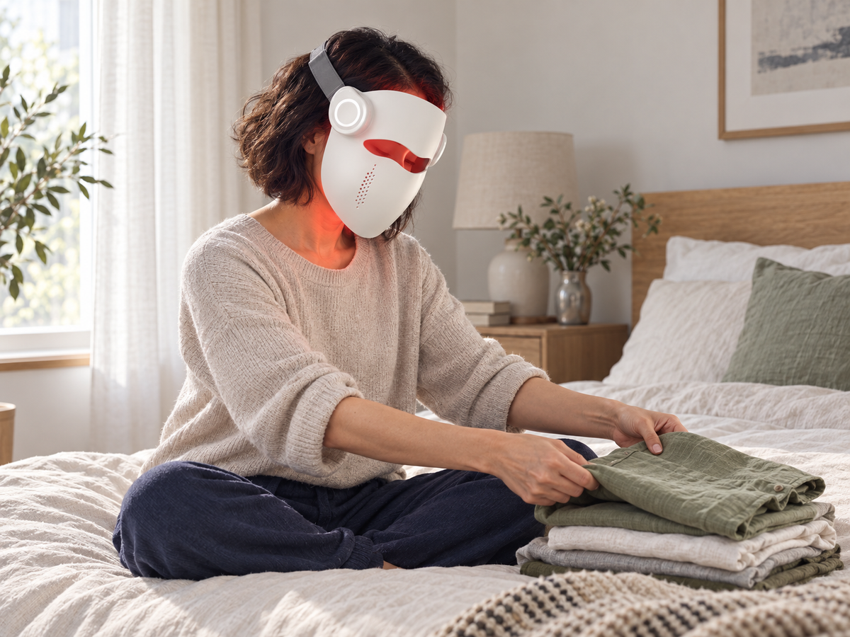 Woman wearing the Kivorla laser mask while folding laundry on her bed