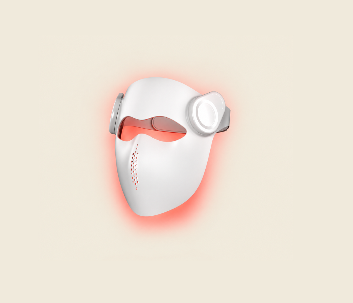 Kivorla 4-Wavelength Red Light Therapy Mask in white, lit red, side view