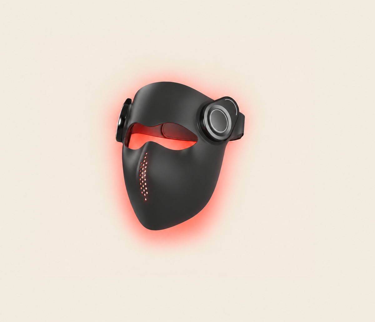 Kivorla 4-Wavelength Red Light Therapy Mask in black, lit red, side view