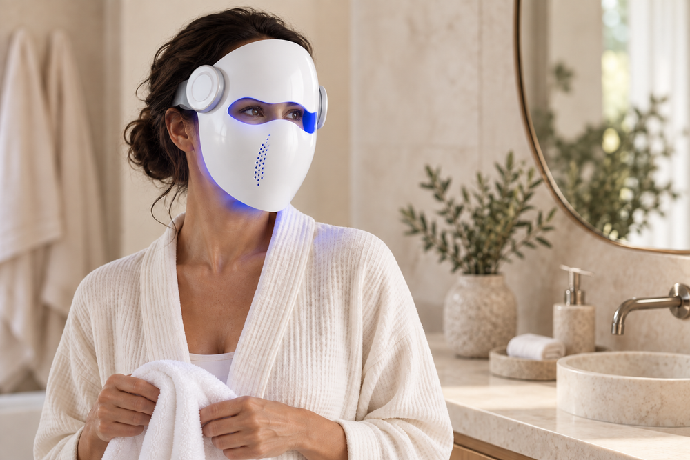 Woman in a bathrobe wearing the Kivorla LED face mask with the blue light on