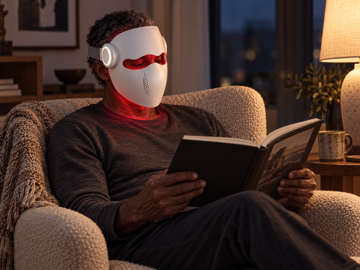 Man wearing the Kivorla laser mask while reading in an armchair