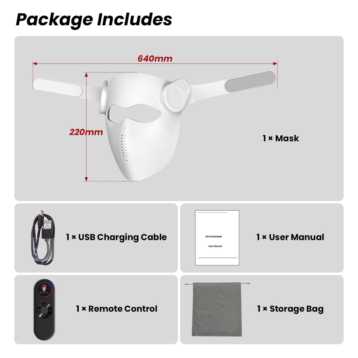 What's in the box: mask, remote, USB cable, manual and storage bag