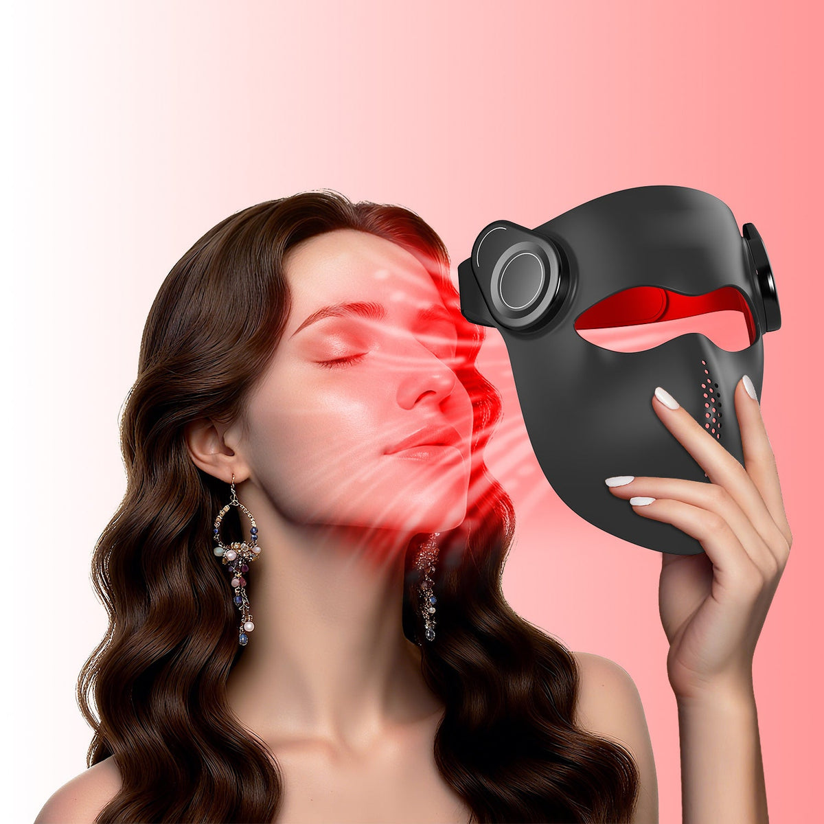 Red light from the mask directed at a model's face
