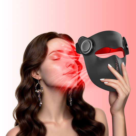 Red light from the mask directed at a model's face